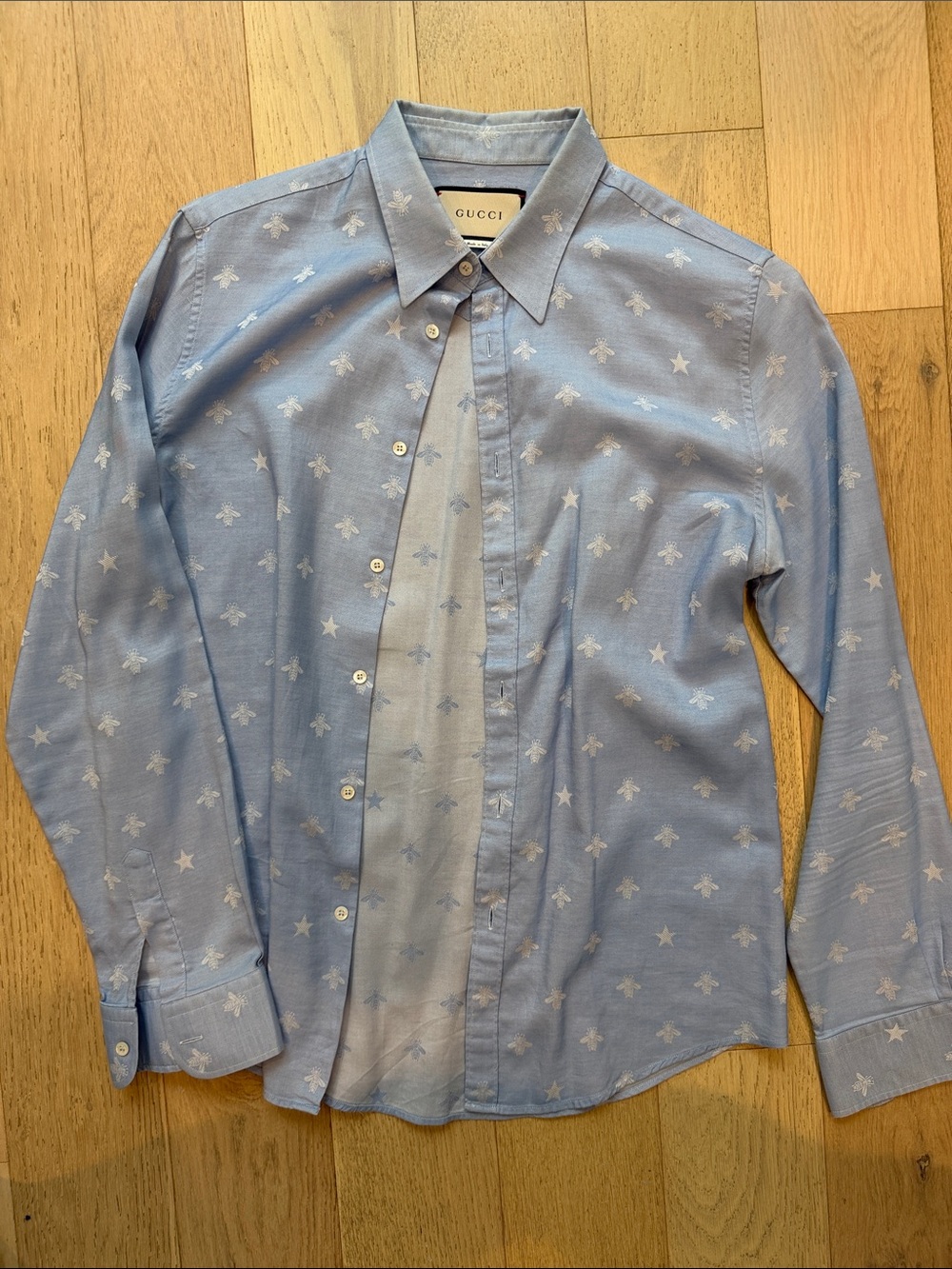 Gucci Light Blue Cotton Dress Shirt with Star & Bee Motif